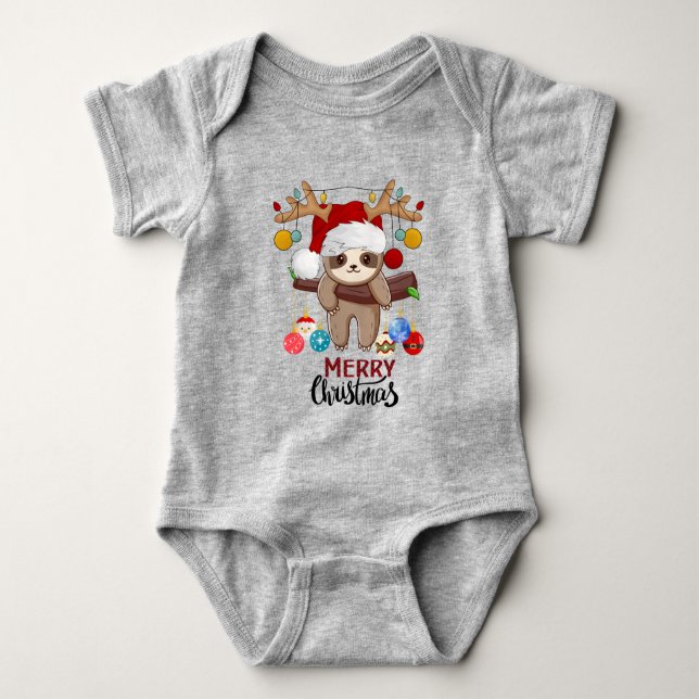 Cute Sloth with Santa Hat,Christmas Lights & Balls Baby Bodysuit (Front)