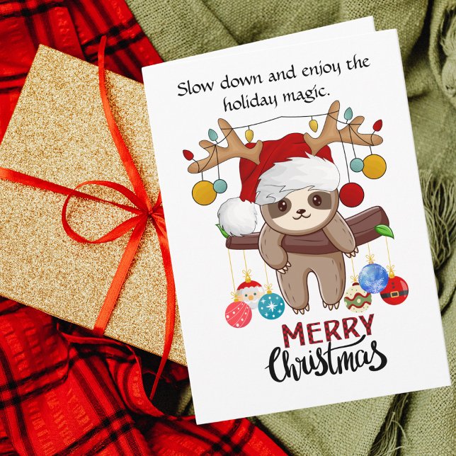 Cute Sloth with Santa Hat,Christmas Lights & Balls Holiday Card (Creator Uploaded)