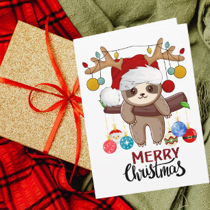 Cute Sloth with Santa Hat,Christmas Lights & Balls Holiday Card