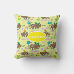 Cute Sloth Yellow Pattern Funny Lazy Quote Floral Cushion