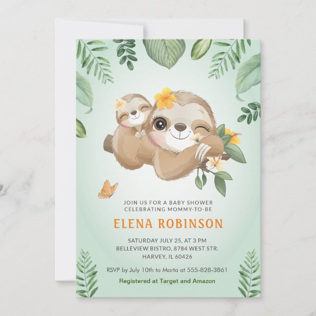 Cute Sloths Baby Mummy Tropical Green Baby Shower Invitation (Front)