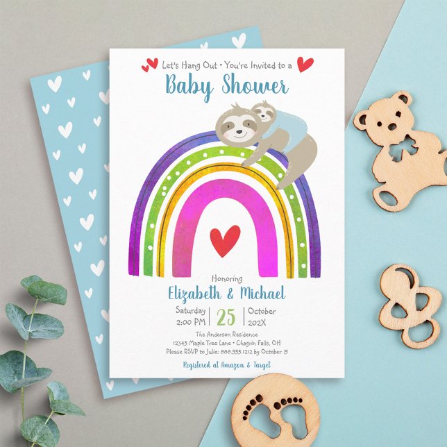 Cute Sloths, Boho Rainbow, Modern Boy Baby Shower Invitation (Creator Uploaded)