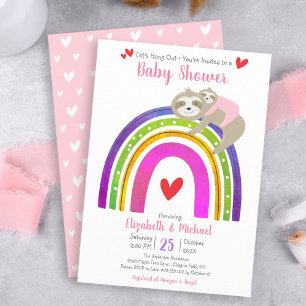Cute Sloths, Boho Rainbow, Modern Girl Baby Shower Invitation