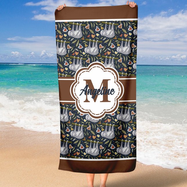Cute Sloths Custom Name Monogram Beach Towel (Creator Uploaded)