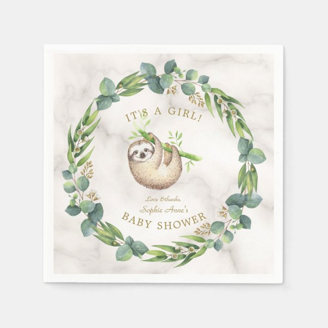 Cute Sloths Eucalyptus Wreath Baby Shower Napkin (Front)
