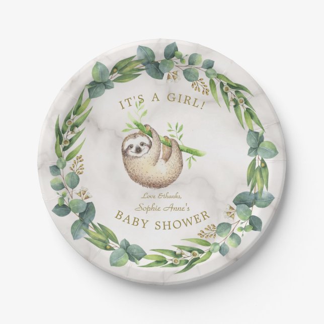 Cute Sloths Eucalyptus Wreath Girl Baby Shower Paper Plate (Front)