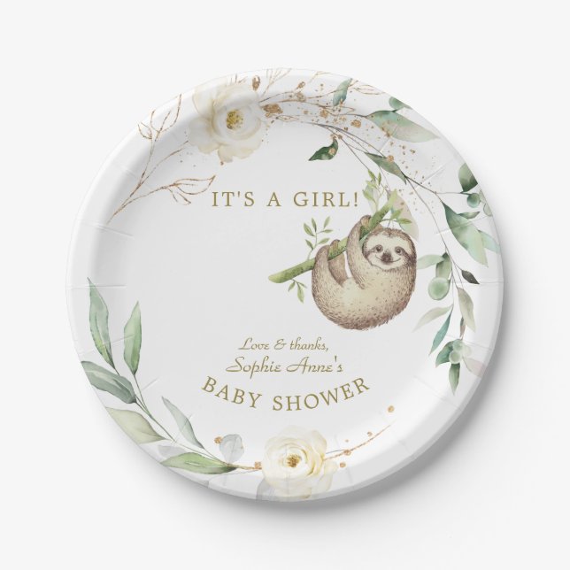 Cute Sloths Floral Greenery Girl Baby Shower  Paper Plate (Front)