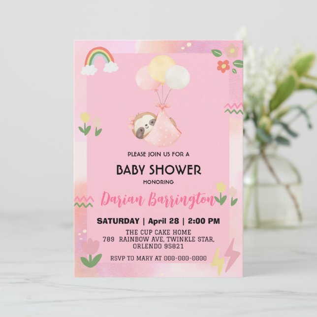 Cute sloths Flower balloon baby shower party girls Invitation (Standing Front)