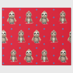Cute Sloths in Scarves Christmas on Red Wrapping Paper