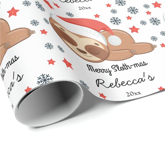 Cute Sloths Merry Sloth-mas Christmas, Custom Name Wrapping Paper (Roll Corner)