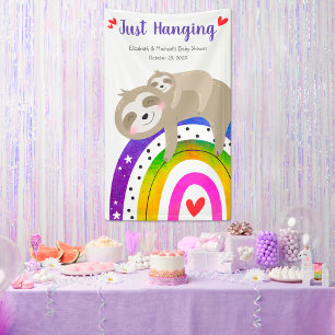Cute Sloths Rainbow Baby Shower Fun Modern Boho Banner