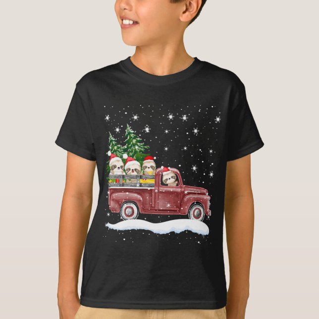 Cute Sloths With Red Truck Funny Christmas Gift T-Shirt (Front)