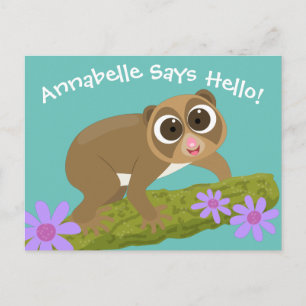 Cute slow loris flowers cartoon illustration postcard