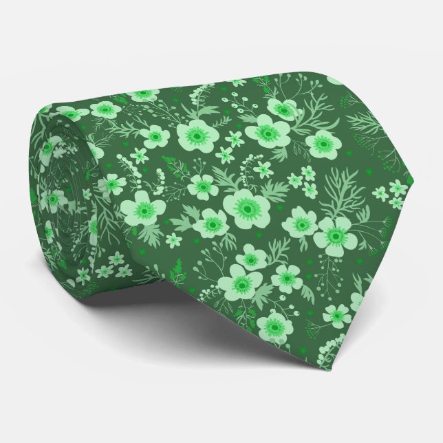 Cute small green floral summer pattern tie (Rolled)
