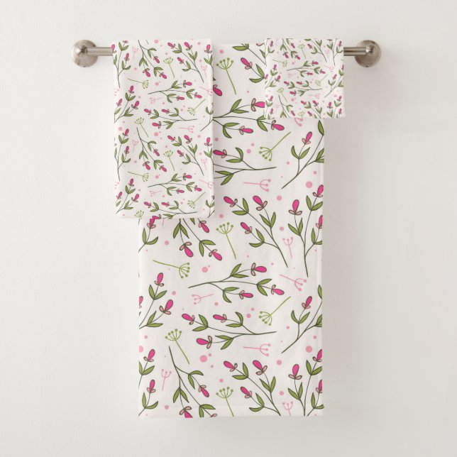 Cute small pink botanical flowers pattern bath towel set (Insitu)