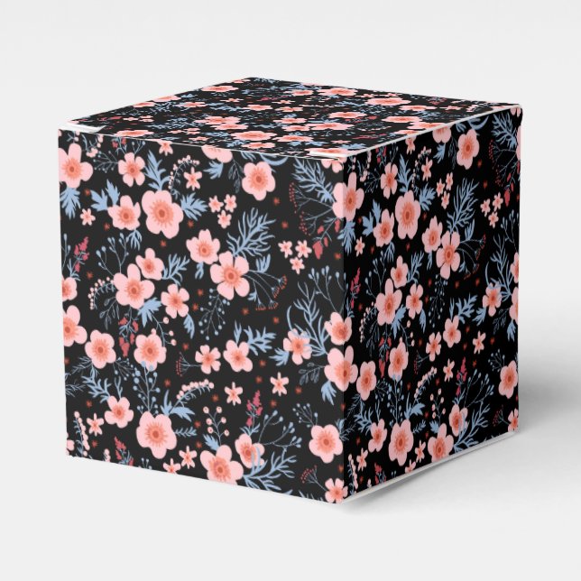 Cute small pink floral with black background favour box (Front Side)