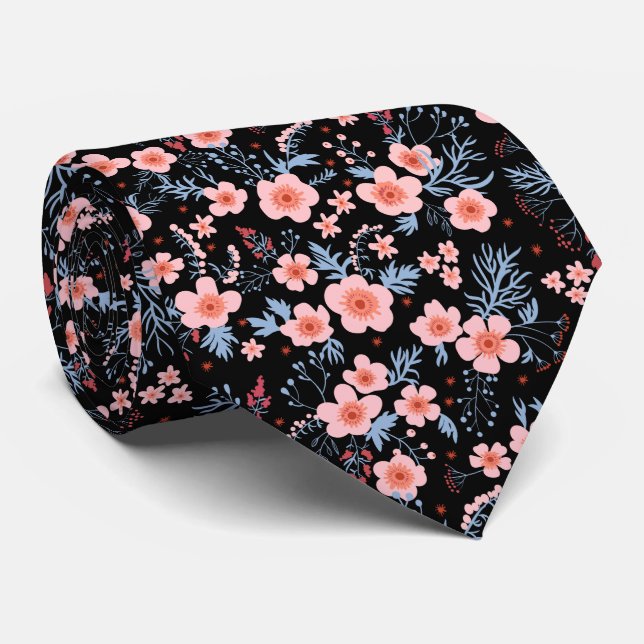 Cute small pink floral with black background tie (Rolled)