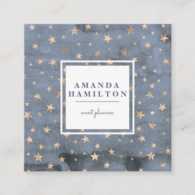 Cute small twinkle gold star periwinkle square business card (Front)