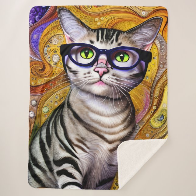Cute Smart Cat Wearing Glasses Sherpa Blanket (Front)