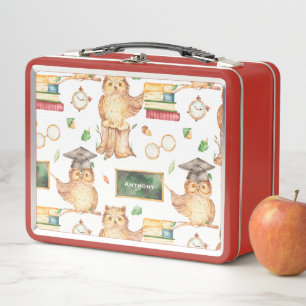 Cute Smart Owl with Chalkboard Kids Name Metal Lunch Box