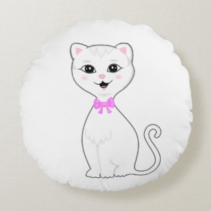 Cute Smart White Cat Cartoon Round Cushion