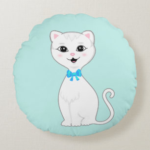Cute Smart White Cat Cartoon Round Cushion