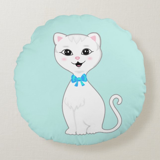 Cute Smart White Cat Cartoon Round Cushion (Front)