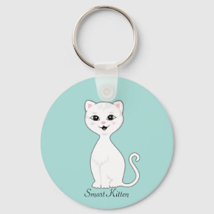 Cute Smart White Kitten Cartoon on Light Blue Key Ring