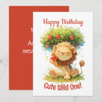 Cute Smile Lion And Apple Tree Birthday Card