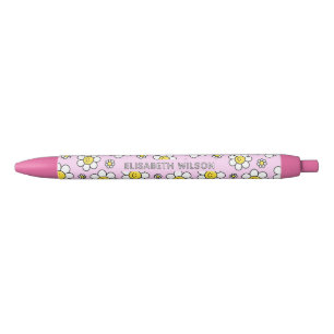 Cute Smiley Chamomile Flower Script Name Monogram Black Ink Pen