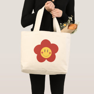 Cute Smiley Flower Retro Aesthetic Happy Face Desi Large Tote Bag