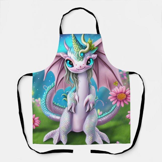 Cute Smiling Baby Dragon with Flowers  Apron (Front)