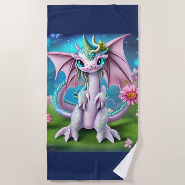 Cute Smiling Baby Dragon with Flowers  Beach Towel (Front)