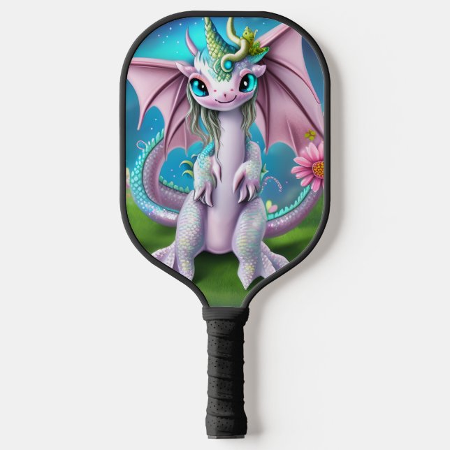 Cute Smiling Baby Dragon with Flowers Poster Pickleball Paddle (Front)