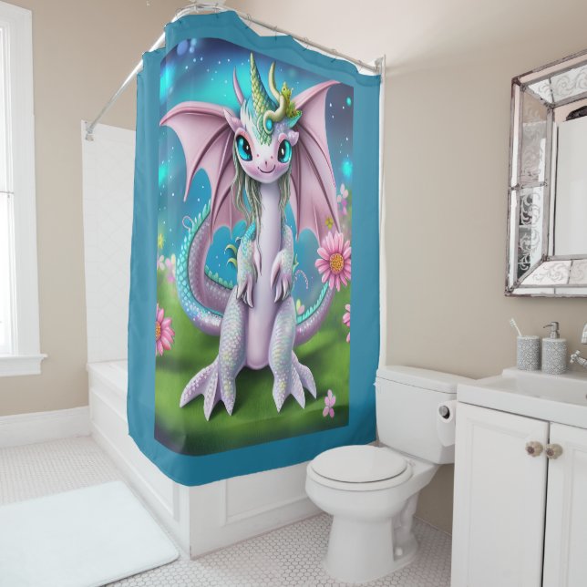 Cute Smiling Baby Dragon with Flowers  Shower Curtain (In Situ)