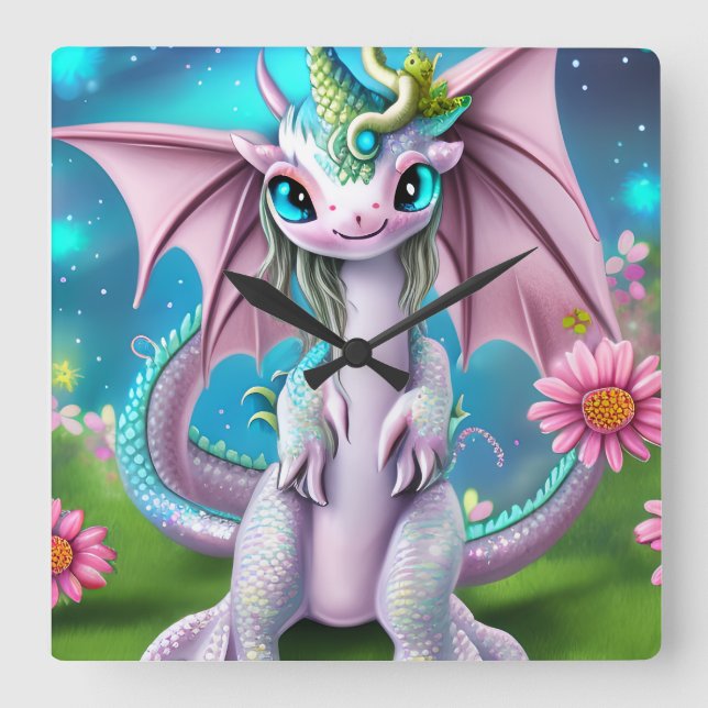 Cute Smiling Baby Dragon with Flowers  Square Wall Clock (Front)