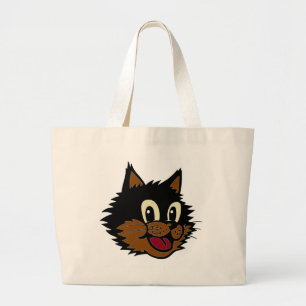 CUTE SMILING BLACK AND BROWN NAUGHTY CAT LARGE TOTE BAG