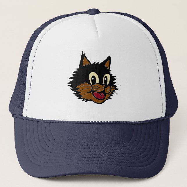 CUTE SMILING BLACK AND BROWN NAUGHTY CAT TRUCKER HAT (Front)