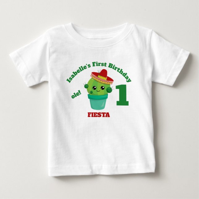Cute Smiling Cactus in Red Sombrero First Birthday Baby T-Shirt (Front)