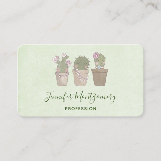 Cute Smiling Cactus Trio Watercolor Design Business Card (Front)