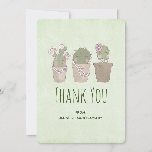 Cute Smiling Cactus Trio Watercolor Design Thank You Card (Front)