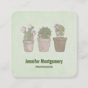 Cute Smiling Cactus Wearing Jewellery Watercolor Square Business Card