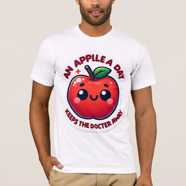 Cute Smiling Cartoon Apple – Bright Red with Leaf T-Shirt (Front)