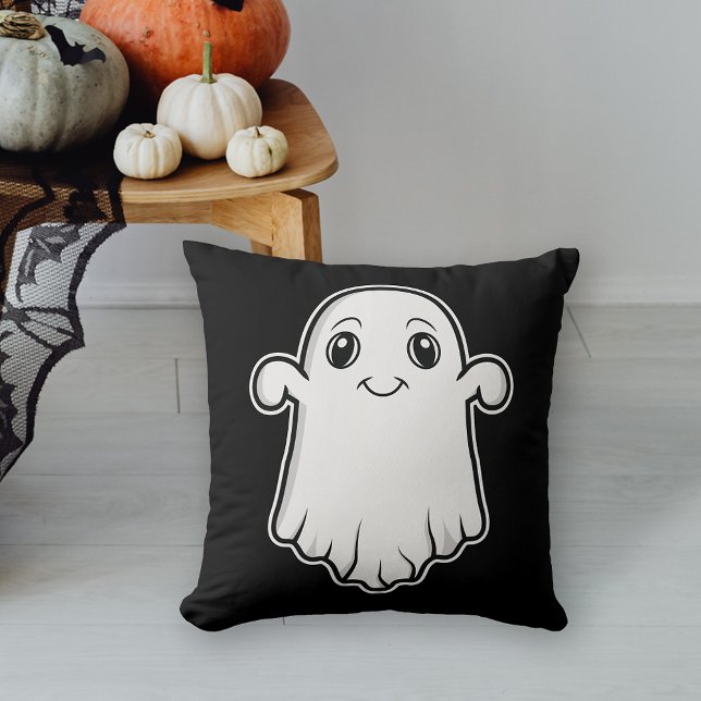 Cute Smiling Cartoon Ghost Halloween Black White Cushion (Cute design for the Halloween season.)