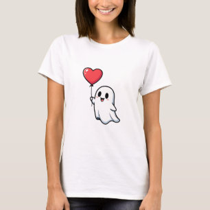 Cute Smiling Cartoon Ghost Holding Red Heart T-Shirt