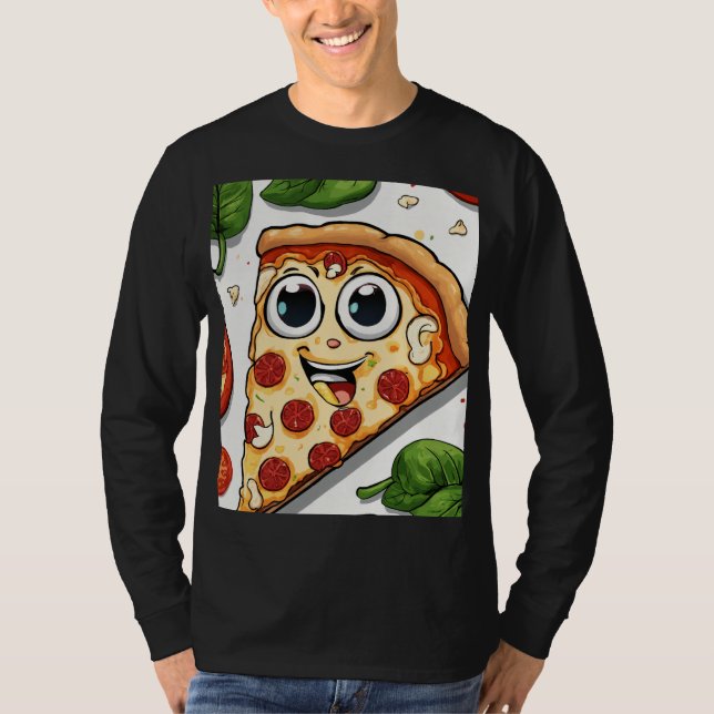 Cute Smiling Cartoon Pizza Slice with Happy Face  T-Shirt (Front)