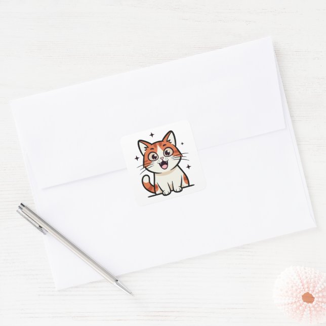 Cute Smiling Cat Cartoon Square Sticker (Envelope)