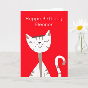 Cute Smiling Cat Name Red Happy Birthday Card