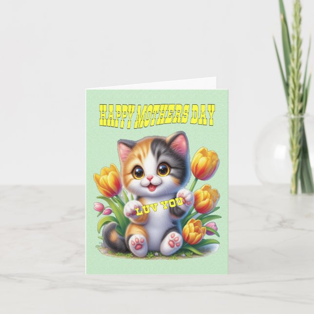 Cute smiling cat wishing happy mothers day holiday card (Front)