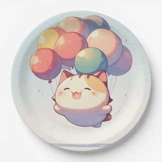 Cute Smiling Cat with Balloons Birthday Paper Plat Paper Plate